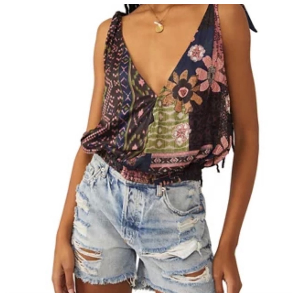 Boho Patchwork Tie-Shoulder V-Neck Tank Top - Black/Pink